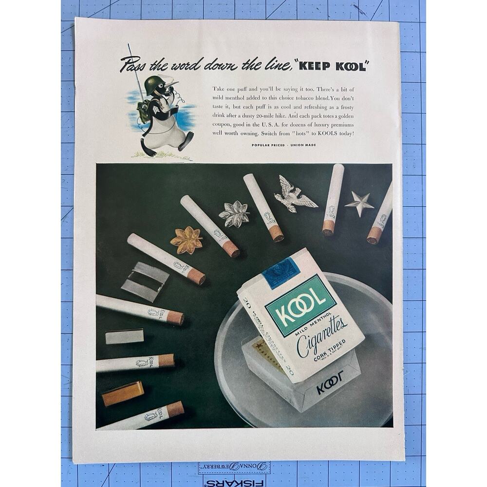 1942 Original WWII KOOL CIGARETTES Keep Kool Military Rank Pins Tobacco Print Ad